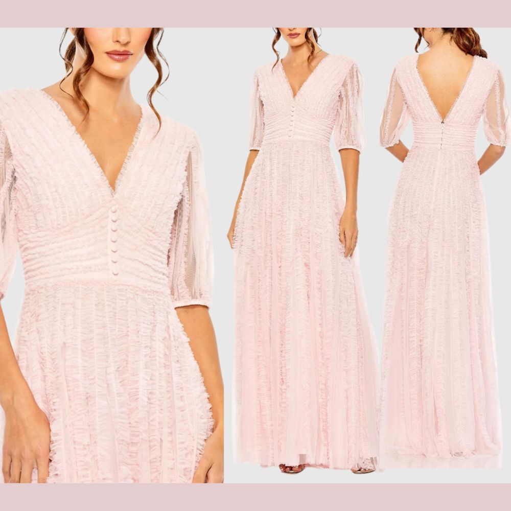 NEW MAC DUGGAL‎ [ 8 ] 8050 V Neck Puff Sleeve Ruffle Tiered ALine Gown Rose Pink